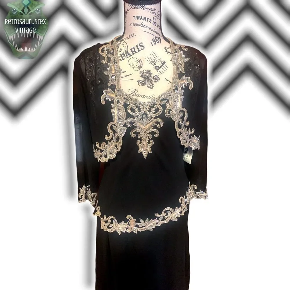 VINTAGE J’Kara 1990’s Beaded Chiffon Special Occasion Glam Gown & Jacket, Size 6 - Picture 3 of 9